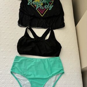 Black and Mint Green Bikini Set with Beach Party Cover-Up